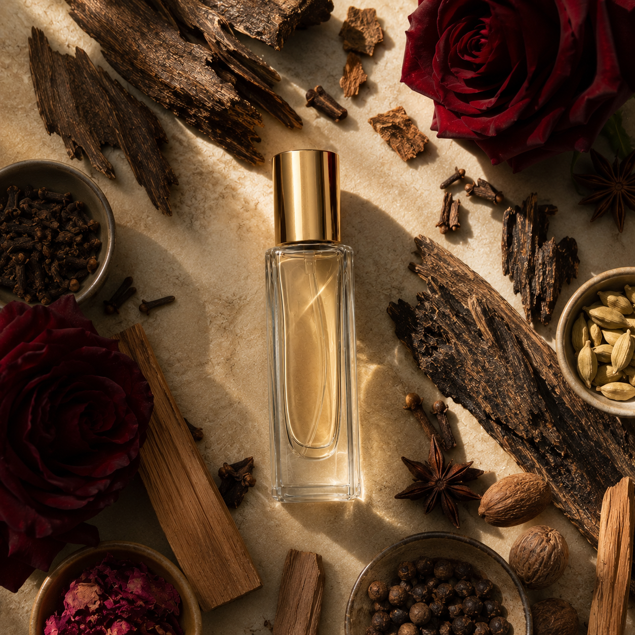 A clear rectangular perfume bottle with a shiny gold cap, filled with Oud Malaki Fragrance, styled on a textured beige surface with Roses, Oud wood, Sandalwood pieces, cinnamon sticks, cloves, star anise, cardamom